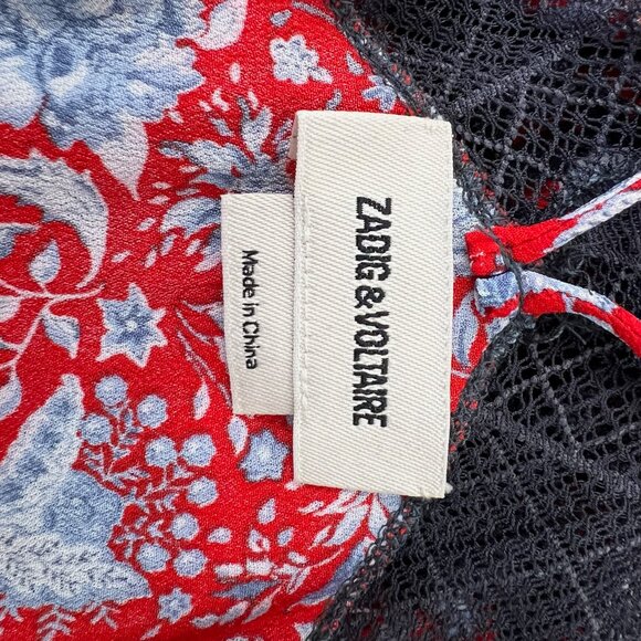 Zadig & Voltaire Christy Silk Camisole Red with Blue Flowers - Size S - Picture 4 of 4